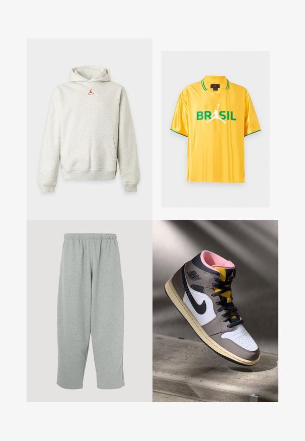 Hellgrauer Kapuzenpullover mit Fronttasche und kleinem roten Jumpman-Logo, zentriert unterhalb des Halsausschnitts.; Gelbes kurzärmeliges Sporttrikot mit grüner Einfassung am Kragen und an den Ärmeln, Schriftzug „BRASIL“ und weißes Basketballspieler-Silhouettenlogo auf der Vorderseite.; Hellgraue Jogginghose mit elastischem Bund, schmal zulaufendem Bein und weicher Textur. Keine sichtbaren Markenlogos oder Muster.; Hohe Nike Air Jordan Sneaker in Weiß, Grau und Schwarz mit pinkem Innenfutter und gelber Zunge, auf einer Betontfläche platziert.