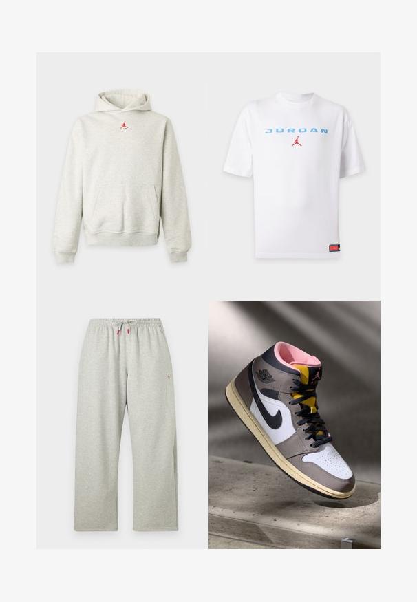 Sudadera con capucha gris claro con bolsillo delantero y pequeño logo Jumpman rojo centrado debajo del cuello.; Camiseta blanca de manga corta con texto "JORDAN" en azul claro y pequeño logo Jumpman rojo centrado en el pecho y una pequeña etiqueta cerca del dobladillo inferior.; Pantalones deportivos gris claro de corte holgado con cintura elástica y cordón blanco con puntas rojas, con pequeño logo rojo en la parte superior del muslo.; Zapatilla alta Nike Air Jordan en blanco, gris y negro, con interior rosa y lengüeta amarilla, colocada sobre una superficie de concreto.