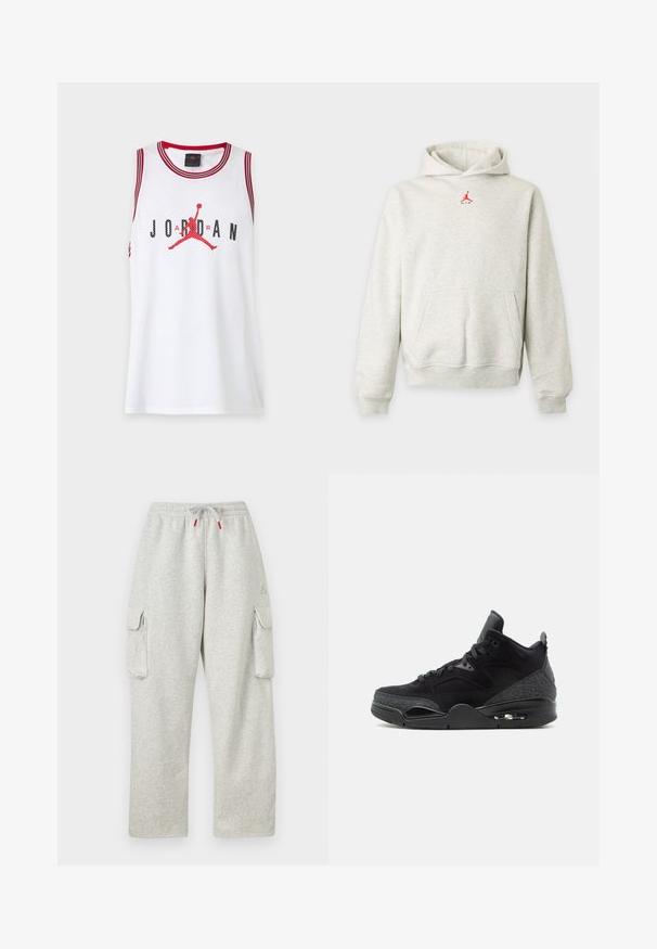 Sudadera con capucha gris claro con bolsillo delantero y pequeño logo Jumpman rojo centrado debajo del cuello.; Camiseta blanca sin mangas de baloncesto con ribete rojo, con texto negro "JORDAN" y logotipo rojo de Jumpman en el centro.; Pantalones de chándal gris claro con cintura elástica, cordón con puntas rojas y grandes bolsillos con solapa en ambos muslos.; Zapatilla negra de caña alta con cordones en la parte delantera, paneles laterales estampados, unidad visible de suela de aire y cuello acolchado para el tobillo sobre fondo blanco.