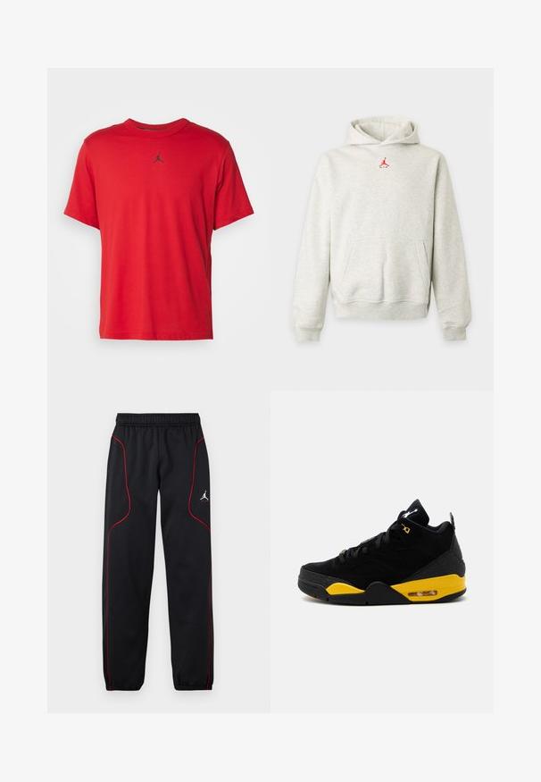 Svetlosivá mikina s kapucňou, predným vreckom a malým červeným logom Jumpman umiestneným pod výstrihom.; Červené bavlnené tričko s krátkym rukávom, okrúhlym výstrihom a malým čiernym logom Jordan na hrudi, s rovnou dolnou líniou.; Čierne športové nohavice s červeným pásikom, elastickým pásom a manžetami a malým bielym logom Jumpman na pravom stehne.; Čierno-žltá atletická obuv strednej výšky so šnurovacím zapínaním, podrážkou s vzduchovým vankúšikom a viditeľným logom Jumpman na jazyku a päte.