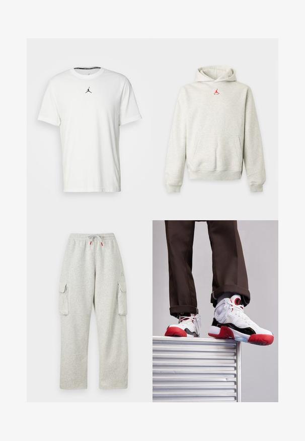 Svetlosivá mikina s kapucňou, predným vreckom a malým červeným logom Jumpman umiestneným pod výstrihom.; Biely tričko s krátkymi rukávmi vyrobené z bavlny, so siluetou čierneho Jumpman loga na hrudi a okrúhlym výstrihom s čiernou vnútornou etiketou.; Svetlosivé tepláky s elastickým pásom, šnúrkou s červenými koncami a veľkými klopovými vreckami na oboch stehnách.; Biele a čierne športové topánky s červenými akcentmi. Obsahujú sieťovinový a kožený materiál, zaoblenú špičku a textúrovanú gumovú podrážku.