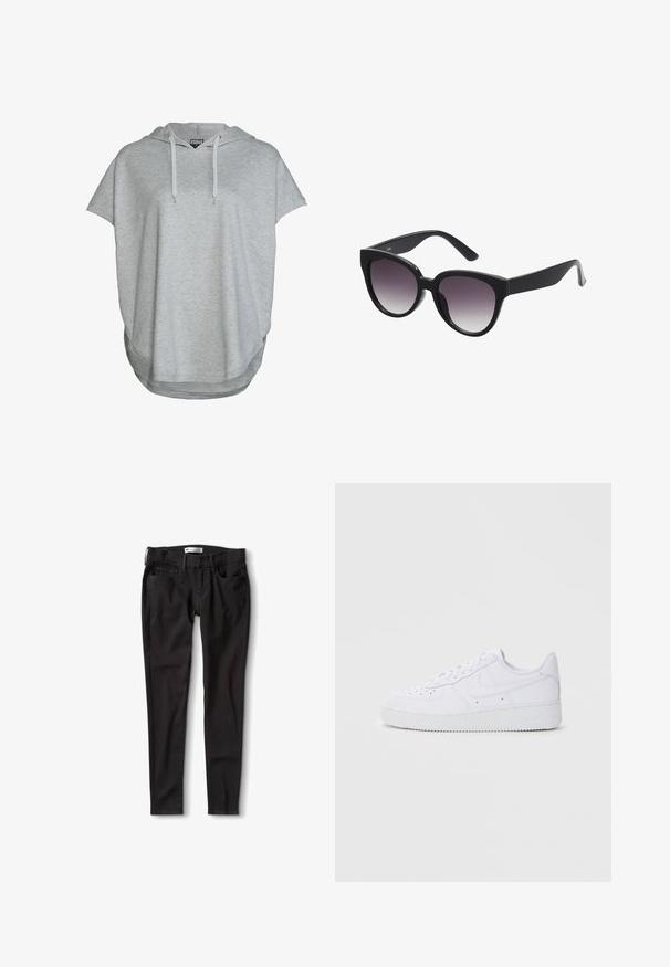 Lys grå kortærmet hættetrøje lavet af sweatstof, med snørre i hætten og en let buet kant for en afslappet pasform.; Sorte denim jeans med lige pasform, der har en standard livkant, bæltestropper og to forlommer. Glat tekstur, minimal hardware.; Hvide Nike Air Force 1 sneakers med læderoverdel, rund tå, snørelukning, polstret krave og struktureret gummisål.; Sorte katteøjede solbriller med gradient grå linser. Tykk, blank plastikramme og aftagende stænger. Ingen synlig branding eller udsmykninger.