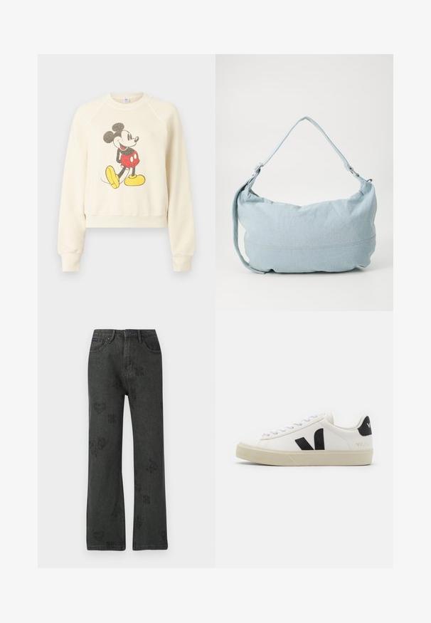 Kreemikarvaine dressipluus, millel on ees vanaaegse stiiliga Mickey Mouse'i graafika, kus ta kannab punaseid lühikesi pükse ja kollaseid kingi.; Must have laiad ja musti teksaseid, millel on pleekinud lillede, südame ja liblikate trükised, ees nupukinnitus ja viie tasku disain.; Valge nahast teniseking, millel on must kummist V logo. Tekstuuriga heledat valget värvi tald, valged paelad ja tagakanna detail, millel on brändinimi mustas kirjas.; Heledsinine denim õlakott ümmarguse kujuga, reguleeritava rihmaga ja peene õmbluse detailiga alumisel serval. Pehme tekstuur.