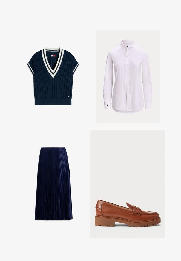 Chaleco de punto azul marino de manga corta con patrón de cable, escote en V profundo con ribete de rayas blancas y azul marino, y pequeño logo cerca del dobladillo.; Camisa blanca de manga larga con botones, cuello abotonado y un pequeño logotipo bordado en el puño izquierdo.; Falda midi plisada de color navy, confeccionada en una tela ligera con textura suave, que presenta pliegues verticales espaciados uniformemente y una cintura elástica.; Mocasines de piel marrón con diseño de punta de mocasín, costuras visibles y suela de goma gruesa y texturizada. Acento en hardware de tono dorado.