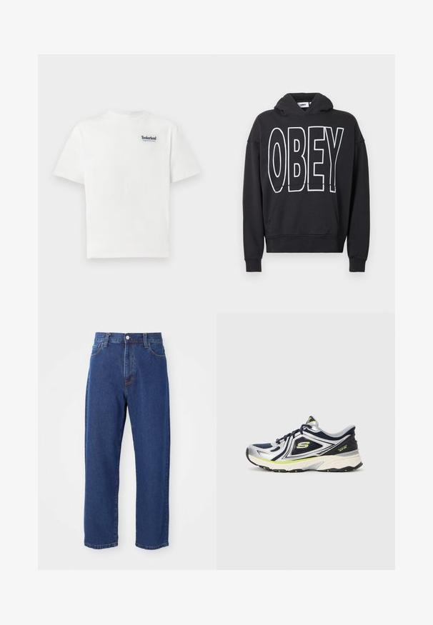 Sort hættetrøje lavet af bomuld, med en stor hvid "OBEY"-logo foran, kængurulomme samt ribstrikkede manchetter og kant.; Hvid bomulds T-shirt med et blåt broderet "Timberland Rugged Active Gear" logo på den øverste venstre bryst. Korte ærmer og rund hals.; Høj taljede blå jeans i denim, med lige ben silhuet, synlige stikninger og en frontknaplukning.; Marineblå og sølv atletisk sko med mesh-overdel, reflekterende detaljer, polstret krave og gummisål med grønne detaljer.