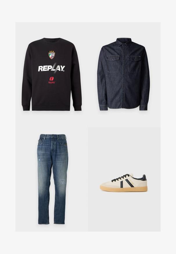 Čierna mikina s logom "REPLAY" a erbom Replay FC s tromi hviezdami a farbami talianskej vlajky na prednej časti v strede.; Replay Košeľa - dark blue; Džínsy z denimu v bledomodrej farbe, s rovnými nohavicami, umierneným opotrebením vpredu a klasickým päťvreckovým strihom.; Pohodlné tenisky v krémovej farbe s čiernymi pruhmi, s textúrovaným zvrškom a podrážkou z gumy. Šnúrky sú čierne. Diskrétny logo na boku.