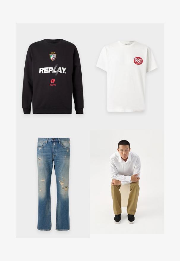 Čierna mikina s logom "REPLAY" a erbom Replay FC s tromi hviezdami a farbami talianskej vlajky na prednej časti v strede.; Biele bavlnené tričko s okrúhlym červeným logom na ľavej hrudi a textom "981 REPLAY". Krátke rukávy a štandardný strih.; Svetlo modré denimové džínsy s voľným strihom, s poškodenými detailami a roztrhnutými záplatami, so štandardným dizajnom piatich vreciek a zapínaním na gombík.; Mladý muž v bielom pruhovanom tričku a khaki nohaviciach sedí naklonený dopredu na stoličke s prekríženými rukami, pozerá priamo pred seba na bielom pozadí.