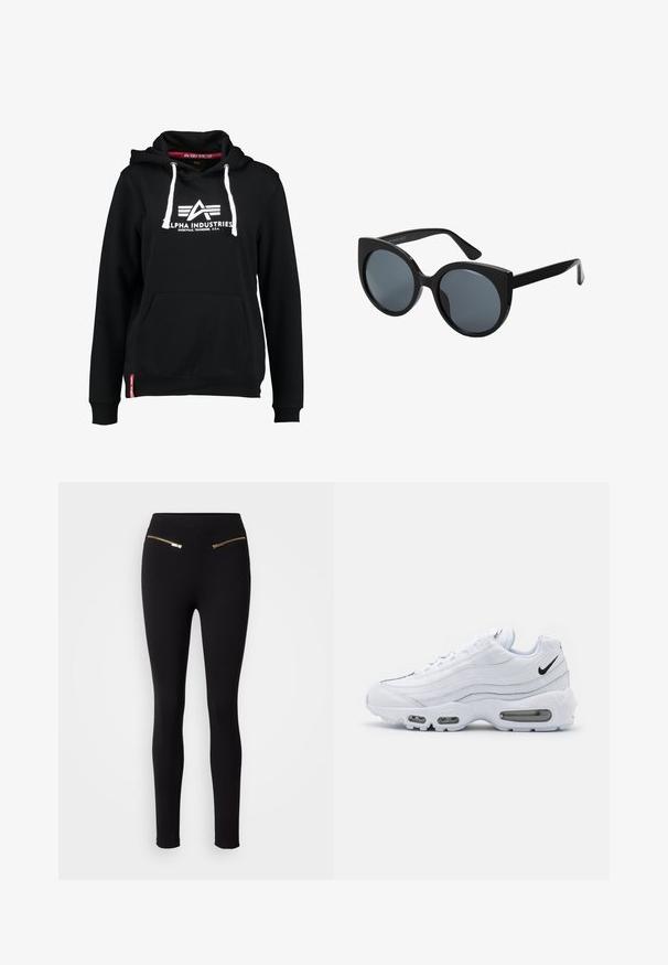 Zwarte hoodie van een katoenmix, met een voorzak, witte koorden en een Alpha Industries-logo op de borst.; Zwarte leggings met een gladde textuur, voorzien van twee gouden ritszakken aan de voorkant. Het ontwerp is aansluitend en taps toelopend bij de enkels.; Nike Sportswear AIR MAX 95 - Sneakers laag - white/black; Zwarte oversized zonnebril met een kattenoogvorm, donkere getinte lenzen en een glanzend plastic montuur. Beschikt over dikke tempels voor extra ondersteuning.
