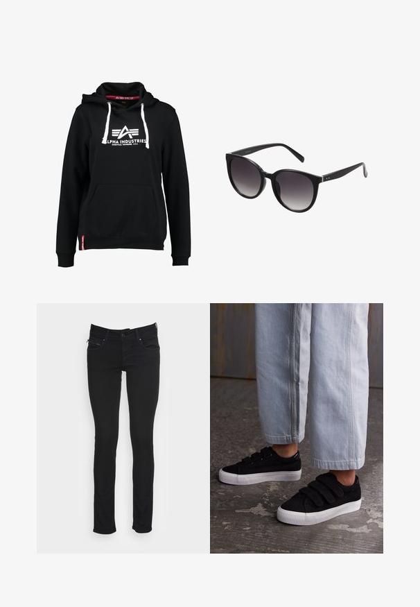 Hoodie noir en mélange de coton, dotée d'une poche avant, de cordons blancs et d'un logo Alpha Industries sur la poitrine.; Jean slim noir avec bouton à l'avant, zip, passants de ceinture, et poches avant et arrière sur fond blanc.; Baskets en velours côtelé noir avec trois bandes Velcro et un dessus texturé. Semelle en caoutchouc blanc à profil bas. Portées avec un pantalon cropped bleu clair.; Lunettes de soleil noires en forme de cat-eye avec des verres dégradés, monture en plastique, texture lisse et détails en argent sur les branches.