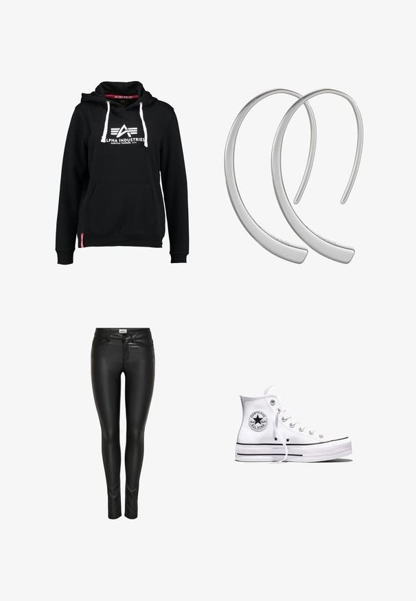 Hoodie noir en mélange de coton, dotée d'une poche avant, de cordons blancs et d'un logo Alpha Industries sur la poitrine.; Pantalons en faux cuir noir slim-fit avec bouton avant, fermeture à glissière et passants de ceinture, présentés sur un fond blanc.; Baskets blanches montantes Converse Chuck Taylor All Star avec des rayures noires et un patch logo sur le côté, présentées sur un fond blanc uni.; Boucles d'oreilles en métal argenté en forme de croissant, avec une surface lisse et brillante. Elles présentent un design minimaliste sans motifs visibles.