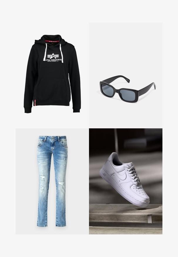 Sort hættebluse lavet af bomuldsblanding, med en frontlomme, hvide snore og et Alpha Industries logo på brystet.; Lyseblå denimjeans med afslappet pasform, med slidte detaljer, en knaplukning med to knapper og lige ben.; Hvid Nike Air Force 1 sneaker svævende over en betonoverflade med skygger i et minimalistisk miljø.; Sorte rektangulære solbriller med mørkt tonede linser, tyk plastramme og brede stænger. Glat overflade og kantet design.