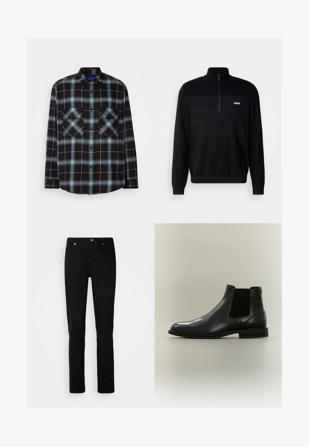 Pull-over noir avec un col zippé à mi-longueur, présentant une texture côtelée aux épaules et un petit logo blanc "BOSS" sur la poitrine.; Chemise en flanelle à carreaux noirs et bleu clair, à manches longues, avec un bouton sur le devant, un col, et deux poches poitrines avec fermetures à rabat.; Jeans noirs à jambe droite avec fermeture devant par bouton et fermeture éclair, poches avant et arrière, présentés sur un fond clair uni.; Botte Chelsea en cuir noir avec panneau latéral élastique et talon bas, vue de côté extérieur sur fond neutre.