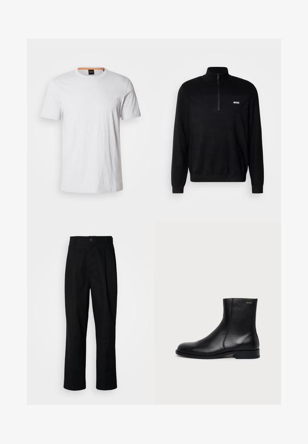Pull-over noir avec un col zippé à mi-longueur, présentant une texture côtelée aux épaules et un petit logo blanc "BOSS" sur la poitrine.; T-shirt blanc à manches courtes en coton doux, avec un col rond et un subtil détail de logo assorti en blanc sur le devant.; Pantalons noirs à jambes droites avec une taille à bouton, passants de ceinture et pli avant, présentés sur un fond blanc uni.; Bottine en cuir noir à talon bas, couture latérale et petit logo "HUGO" sur le revers supérieur sur un fond uni.