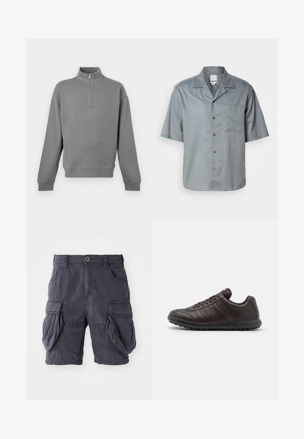 Grå langærmet sweatshirt med kvart-lynlås, ribkant ved ærmer og krave, med diskret præget logo på brystet.; Kortærmet skjorte med knapper i lys grå stof med en glat tekstur, der har en brystlomme og en klassisk krave.; Cargo shorts lavet af mørkegrå bomuld, med en klassisk pasform, multiple sidelommer og en frontlukning med knap. Glat tekstur.; Brune lædersneaker med rund tå, snørebåndsdesign, subtile syninger og tekstureret gummisål for godt greb.