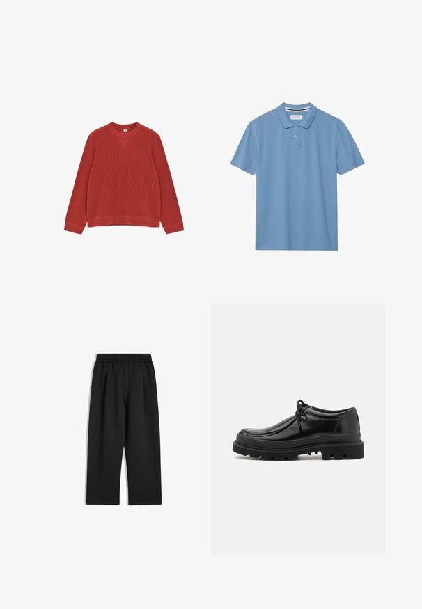 Trui met lange mouwen van geribbelde stof in roestrood, met een ronde hals en een V-vormig stikdetail aan de voorkant van de kraag.; Lichtblauwe polo shirt van textiel met structuur, met een gekleed halslijn, een knoopsluiting met drie knopen en korte mouwen.; Zwarte wijde broek met elastische tailleband en zijzakken, plat weergegeven op een witte achtergrond.; Zwarte leren derby schoenen met een strak ontwerp, ronde neus en een getextureerde rubberen zool met diepe groeven voor grip.