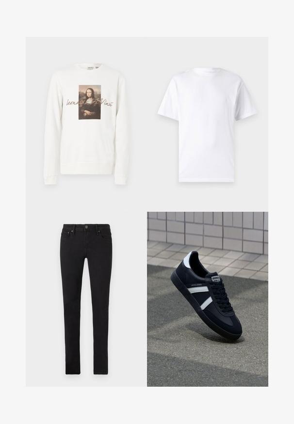 Witte trui met een centrale bedrukte afbeelding van de Mona Lisa, met de tekst "Leonardo Da Vinci" eronder in een zachte bruine lettertype.; Witte T-shirt met korte mouwen, gemaakt van katoen, met een ronde hals. Het heeft een gladde textuur en een eenvoudig ontwerp zonder patronen of accenten.; Zwarte slim-fit jeans met vijf zakken, knoopsluiting en riemlussen, plat weergegeven op een witte achtergrond.; Zwarte leren sneaker met witte strepen, een gestructureerde rubberen zool en vetersluiting aan de voorkant. Voorzien van een merklabel op de tong.