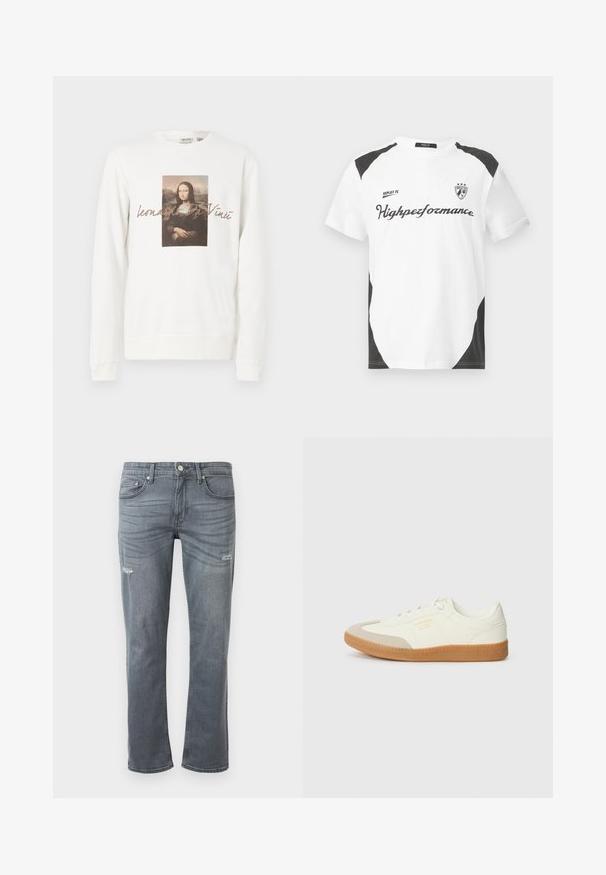 Witte trui met een centrale bedrukte afbeelding van de Mona Lisa, met de tekst "Leonardo Da Vinci" eronder in een zachte bruine lettertype.; Witte T-shirt met korte mouwen en zwarte accenten. Bevat het logo "REPLAY FC" en de tekst "Highperformance" in een sportieve lettertype. Gemaakt van een glad materiaal.; Grijze denim jeans met een rechte pijpdesign, lichte slijtage bij de knieën en traditionele vijf-pocket stijl. Knopsluiting bij de taille.; Schoen gemaakt van wit leer met een beige teenkap en een lichtbruine rubberen zool. Voorzien van platte witte veters en reliëfbranding aan de zijkant.