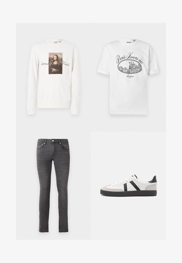Weißes Sweatshirt mit einem mittig gedruckten Bild der Mona Lisa, darunter der Schriftzug "Leonardo Da Vinci" in einem sanften Braunton.; Weißes Baumwoll-T-Shirt mit einem schwarzen illustrativen Druck einer Pariser Stadtszene und dem Text "Paris Lovers inc." sowie "Bonheur EST.1992."; Graue Jeans aus Denim im Slim-Fit, mit klassischem Fünf-Taschen-Design, Frontknopfverschluss und schwacher struktureller Detailierung überall.; Weiße Sneaker mit schwarz- und grau-aczenten, ausgestattet mit einer strukturierten grauen Zehenkappe, schwarzer Gummi-Sohle und flachen weißen Schnürsenkeln. Sauberes Design, minimalistische Stil.