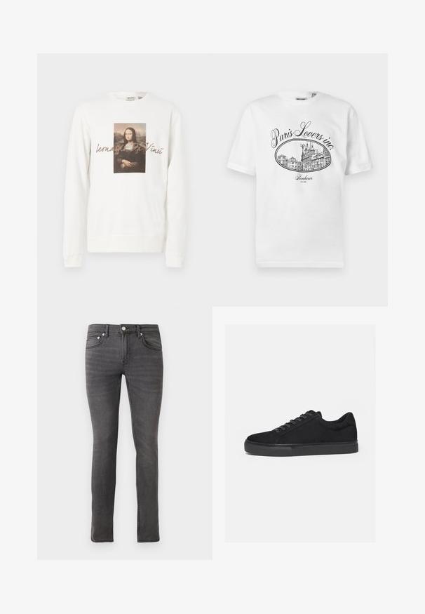 Hvid sweatshirt med et centralt trykt billede af Mona Lisa, med teksten "Leonardo Da Vinci" nedenunder i en blød brun skrifttype.; Hvid bomulds-T-shirt med et sort illustrativt tryk af en pariserbybillede med teksten "Paris Lovers inc." og "Bonheur EST.1992."; Grå denimjeans med slim fit, der har et klassisk fem-lomme design, front lukning med knap og svag tekstureret detaljering over hele stoffet.; Sort lavtop sneaker med snørelukning foran og flad gummisål, vist fra siden på en hvid baggrund.