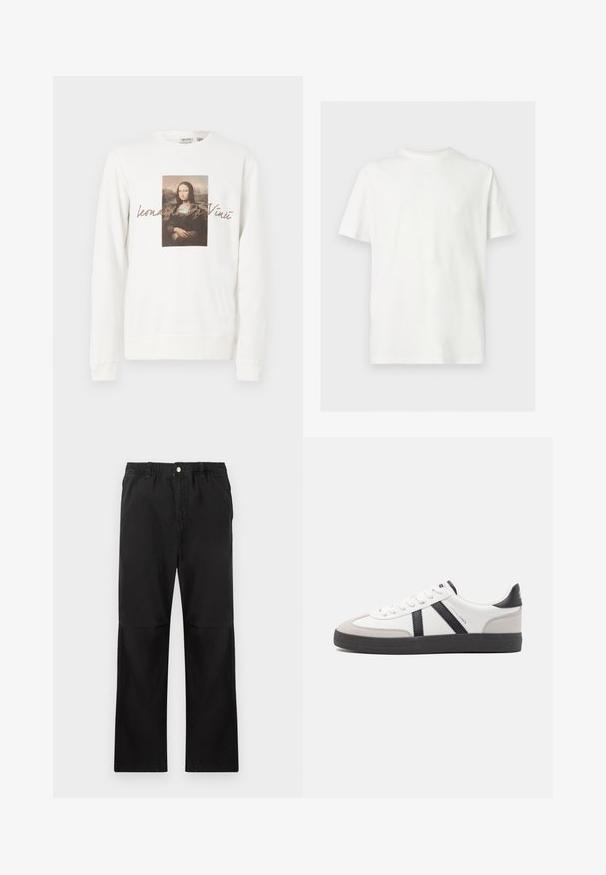 Sudadera blanca con una imagen impresa central de la Mona Lisa, con el texto "Leonardo Da Vinci" debajo en una fuente marrón suave.; Camiseta blanca de manga corta con cuello redondo y ajuste relajado sobre un fondo claro y liso.; Pantalones negros de algodón con una cintura elástica, que cuentan con un diseño de pierna recta, textura suave y sin acentos ni patrones visibles.; Zapatilla blanca con acentos en negro y gris, que presenta una puntera texturizada en gris, suela de goma negra y cordones planos blancos. Diseño limpio, estilo minimalista.