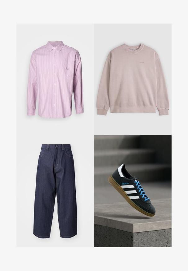 Hellrosa Sweatshirt mit langen Ärmeln und Rundhalsausschnitt, kleinem Levi's-Logo auf der linken Brustseite sowie gerippten Bündchen und Saum.; Langärmliges Button-Down-Hemd in Hellrosa mit vertikalen weißen Streifen, aus Baumwollstoff, mit Kragen, Brusttasche und einem Logodetail auf der Tasche.; Dunkelblaue Denim-Jeans mit einem lockeren, weiten Schnitt. Zu den Merkmalen gehören ein Knopfverschluss, Fronttaschen und sichtbare Nähte.; Schwarzer Adidas-Sneaker mit weißen Streifen, blauen Schnürsenkeln und Gummisohle, der über einer grauen Betontreppe im weichen Licht schwebt.