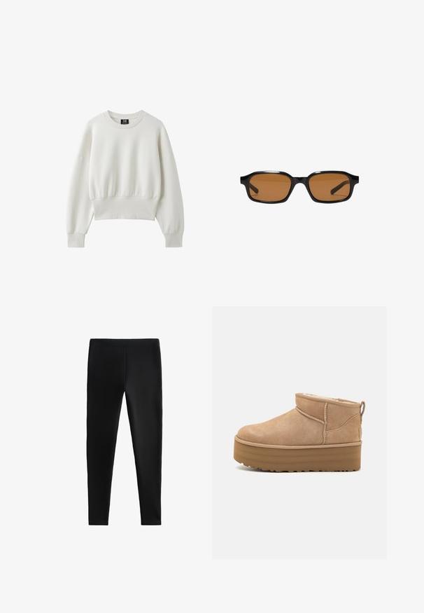 Weißes Sweatshirt mit langen Ärmeln und Rundhalsausschnitt, mit gerippten Bündchen und Saum, vor einem einfarbigen weißen Hintergrund gezeigt.; Schwarze Leggings aus dehnbarem Material, mit einer körperbetonten Passform ohne sichtbare Nähte oder Taschen, geeignet für verschiedene Aktivitäten.; Beige Wildleder-Ankle Boots mit einem weichen Innenfutter, ausgestattet mit einer Plateausohle und einer Zuglasche hinten für einen einfachen Einstieg. Strukturiertes Gummiprofil.; Schwarze rechteckige Sonnenbrille mit dickem Rahmen und braunen getönten Gläsern, von vorne auf weißem Hintergrund gezeigt.