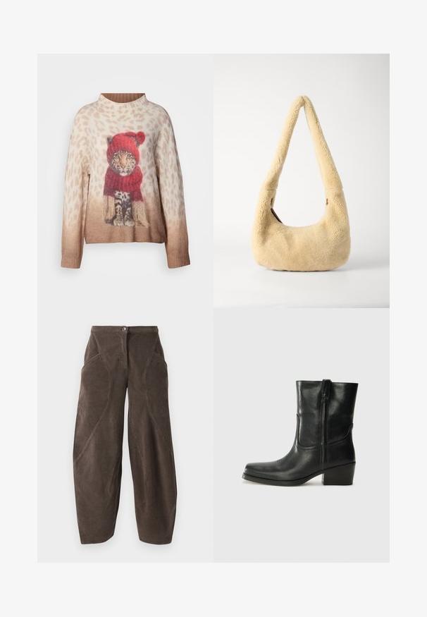Strikket sweater med illustration af en leopard, der bærer en rød hat og tørklæde, med en gradient beige baggrund og dyreprintdesign.; Brune bredbenede fløjlsbukser med høj talje, frontknaplukning og skrå sømdetaljer på benene.; Sort læder ankelstøvle med rundt tå, blokhæl, lynlås i siden og stikninger på vampsiden. Glat tekstur, klassisk design.; Beige shearling skuldertaske med et buet håndtag og en afrundet form. Teksturen er blød og fyldig, med minimale hardware-details.
