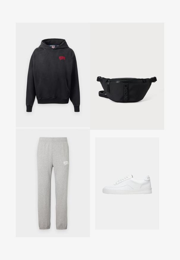 Schwarzer Hoodie mit einer Vordertasche, der ein rotes gesticktes Logo auf der oberen linken Seite trägt. Weicher Stoff und verstellbare Kapuze.; Graue Baumwoll-Sweatpants mit elastischem Bund und zulaufenden Beinen. Besitzt ein weißes Logo auf dem linken Oberschenkel. Glatte Textur.; Weißer Sneaker mit niedrigem Schaft, Schnürdesign, glattem Lederobermaterial und dicker Sohle, von der Seite auf einfachem Hintergrund gezeigt.; Schwarze Moschino Bauchtasche mit Frontreißverschluss und verstellbarem Riemen auf einfachem hellem Hintergrund.