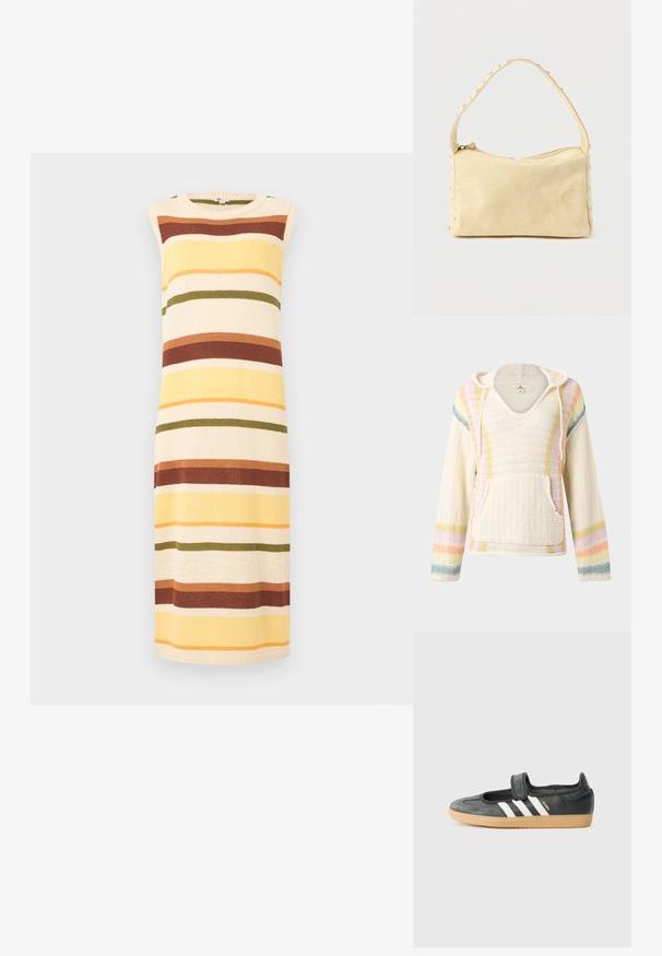 Pull à capuche en maille crème avec des rayures arc-en-ciel pastel sur les manches et les côtés et une poche avant.; Robe tricotée sans manches à rayures horizontales dans les tons crème, jaune, rouille, olive et orange, dotée d'un col rond.; Sneaker en cuir noir et suède avec une sangle Velcro, arborant trois bandes blanches et une semelle en caoutchouc, étiqueté "SAMBA" sur le côté.; Petit sac à main en cuir beige avec une seule bandoulière et des clous argentés le long des bords et de la bandoulière, posé sur un fond uni.
