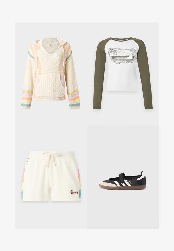 Pull à capuche en maille crème avec des rayures arc-en-ciel pastel sur les manches et les côtés et une poche avant.; T-shirt raglan à manches longues avec manches vert olive et corps blanc, comportant des palmiers, un coucher de soleil et un motif texte "Ripcurl" à l'avant.; Shorts écru avec cordon de serrage, taille côtelée, poches latérales avec panneaux multicolores et petit logo "Rip Curl" sur la jambe avant droite.; Baskets noires et beiges avec une bride en velcro, trois bandes blanches sur le côté, et une semelle en caoutchouc marron texturée. Logo de la marque visible.