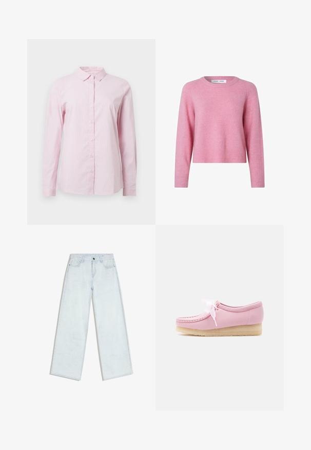 Plysset lyserødt sweater med rund halsudskæring, lange ærmer og ribbede håndled og kant. Blød tekstur, kort design. Etiket synlig indeni halsudskæringen.; Lyserød stribet skjorte med krave, lange ærmer og knaplukning foran. Fremstillet af letvægtsstof med en glat tekstur.; Lyseblå vidde-jeans med forreste knap og lynlås, bæltestropper og fem-lomme design, lagt fladt på hvid baggrund.; Lyserød lædermokkasinstil sko med hvide båndsnørrebånd og sål i krads, vist i sideprofil mod hvid baggrund.