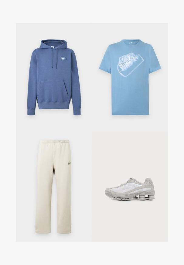 Blå hættetrøje med snore, kængurulomme og et lille hvidt swoosh-logo inde i et ovalt gitter på brystet.; Lyseblå kortærmet Nike T-shirt med stor stiliseret hvid Nike-logo og swoosh-grafik på brystet.; Beige joggingbukser med elastik i taljen, lige ben og lille grøn og sort Nike-logo på den øverste venstre lår.; Grå og hvid atletiksko med synlig luftpolstret sål og mesh-paneler, vist i profil på en ensartet lys baggrund.