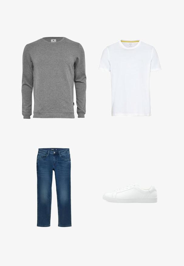 Grå langærmet sweatshirt lavet af blød bomuldsblanding. Har en rund halsudskæring, ribbede manchetter og en ensfarvet tekstur uden mønstre.; camel active MIT RUNDHALS - T-shirts basic - broke white; Herre lige ben jeans i mørkeblå denim med et klassisk fem-lommer design, diskrete slidmærker og knaplukning.; Hvide lavtop sneakers med en glat læderoverdel, rund tå, flad sål og et minimalistisk snørebåndsdesign. Tekstureret gummisål.