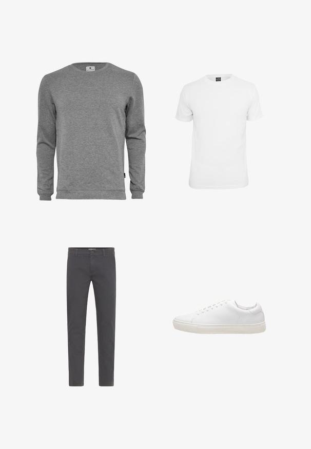Sudadera gris de manga larga hecha de una suave mezcla de algodón. Cuenta con un cuello redondo, puños acanalados y una textura lisa sin patrones.; Camiseta blanca de manga corta, fabricada en algodón, con un cuello redondo y una textura suave, diseñada para el uso casual.; Pantalones grises de corte ajustado, elaborados en suave algodón. Presentan un cierre con botón, presillas para cinturón y un diseño limpio y aerodinámico. Sin patrones visibles.; Zapatilla de cuero blanco con textura suave, puntera redonda, cierre de cordones y suela de goma plana. Diseño minimalista sin patrones visibles.