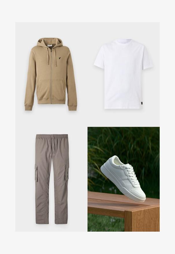 Sudadera beige con cremallera, bolsillos delanteros, capucha con cordones, puños acanalados y un pequeño logo de pájaro negro en el pecho izquierdo.; Camiseta blanca lisa de manga corta con cuello redondo y una pequeña etiqueta negra de cuidado en el bajo, sobre un fondo gris claro.; Pantalones cargo grises con una cinturilla elástica y cordón, dos bolsillos laterales tipo cargo y un tejido suave y ligero.; Zapatilla de cuero blanca con una textura suave, que presenta un diseño perforado, cordones clásicos y suela de goma, posicionada sobre una superficie de madera.