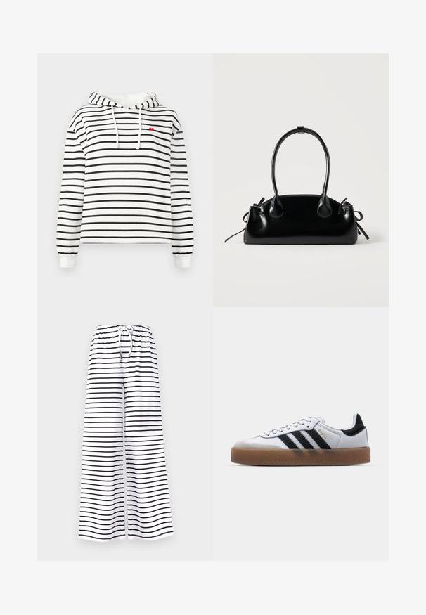 Haut à capuche blanc avec des rayures horizontales noires, cordons de serrage à l'avant et un petit cœur rouge brodé sur la poitrine gauche.; Pantalons larges en tissu blanc, avec des rayures horizontales noires. Taille élastique avec cordon de serrage pour un ajustement et un confort réglables.; Baskets en cuir blanc avec des rayures noires, semelle extérieure en caoutchouc beige, bout rond, fermeture lacée et embout en suède gris doux.; Petit sac à main noir brillant avec deux longues anses et des détails à cordon sur les côtés sur un fond clair uni.