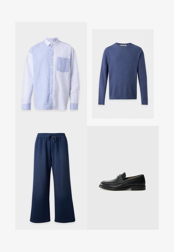 Pull bleu à manches longues en maille gaufrée, col rond, poignets et ourlet côtelés, posé à plat sur un fond blanc.; Chemise bleu et blanc à manches longues boutonnée avec rayures verticales, directions des rayures contrastées de chaque côté et une poche poitrine devant.; Pantalon de jogging bleu marine à jambes larges avec taille élastique et cordon ajustable, présenté sur un fond uni.; Mocassins en cuir noir avec une finition lisse, dotés d'une bande supérieure texturée, d'un talon bas et de détails de couture minimalistes.