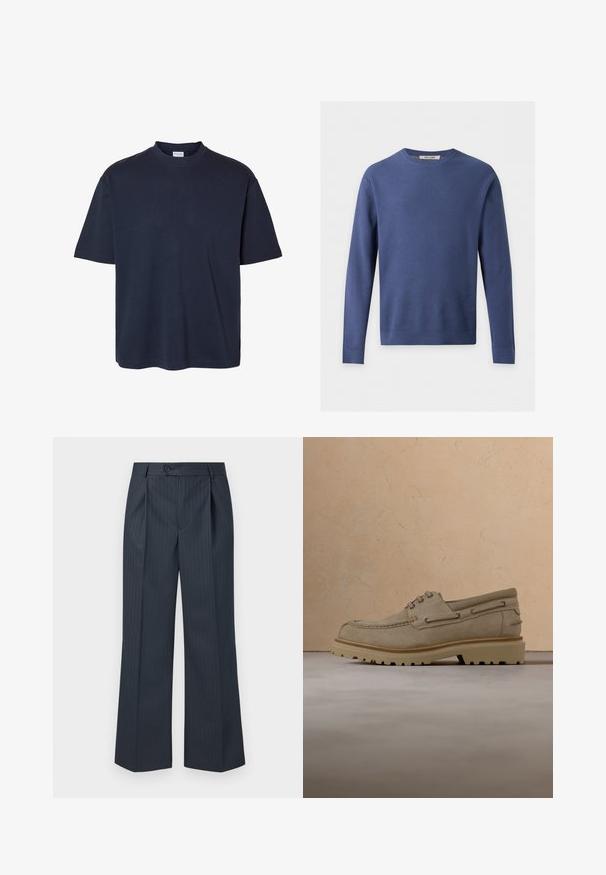 Blauwe gebreide trui met lange mouwen en wafelpunt, ronde hals en geribde boorden aan de mouwen en zoom, plat neergelegd op een witte achtergrond.; Effen donker marineblauw T-shirt met korte mouwen, een ronde hals en een reguliere pasvorm, weergegeven op een witte achtergrond.; Navy gestreepte wijde broek met voorplooien, enkele knoopsluiting en gladde stof. Kenmerkt zich door verticale groene streepjes voor detail.; Beige suède casual veterschoen met dikke, geribbelde zool, zwevend boven een bijpassend beige getextureerd oppervlak en achtergrond.