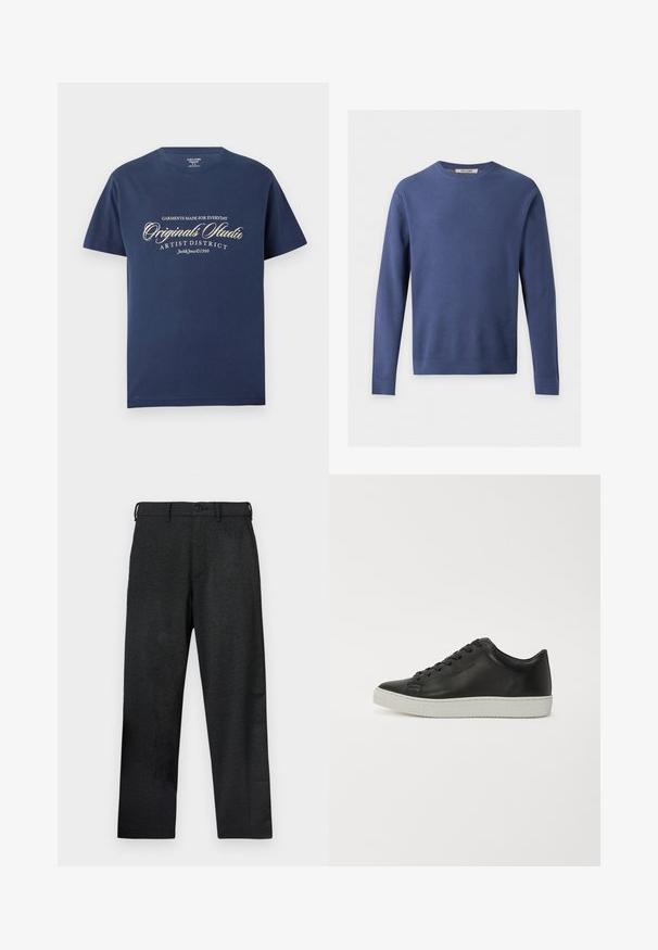 Blå langærmet waffle-strikket sweater med rund hals og ribstrikkede manchetter og kant, lagt fladt på en hvid baggrund.; Marineblå bomulds T-shirt med korte ærmer, prydet med hvid tekst, der siger "Tøj lavet til Everyday Originals Studio Artist District."; Sorte bukser med tekstureret stof, der har et lige snit, forlommer og en knaplukning i taljen.; Sorte lædersneakers med rund tå, flad hvid gummisål og seks huller til snørebånd. Glat overflade, minimalistisk stil.