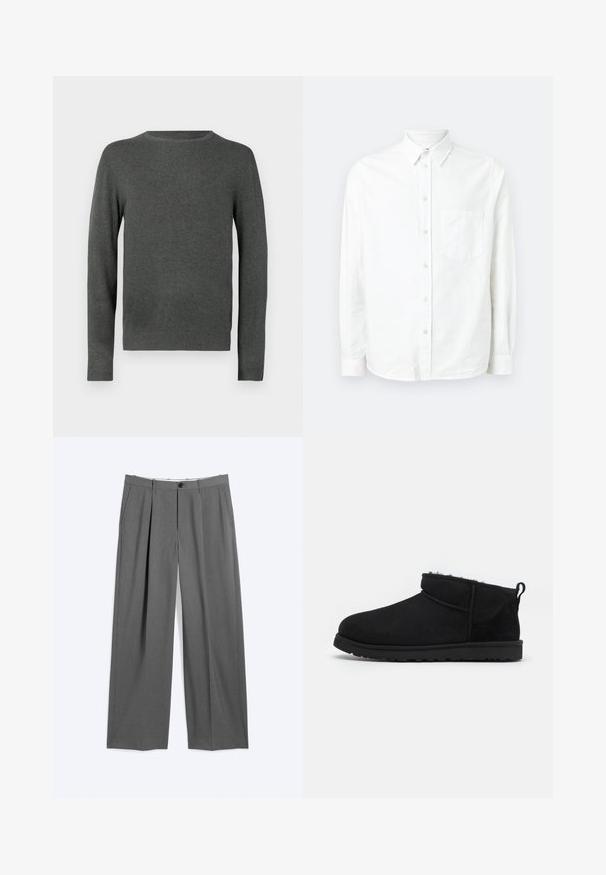 Dunkelgrauer Pullover mit Rundhalsausschnitt und langen Ärmeln, mit gerippten Bündchen und Saum, auf weißem Hintergrund präsentiert.; Weißes, langärmliges Hemd mit Knopfleiste aus leichtem Stoff. Verfügt über eine Brusttasche, klassischen Kragen und eine dezente Struktur.; Graue formelle Hosen mit geraden Beinen, vorderen Bügelfalten, Seitentaschen, Gürtelschlaufen und einem vorderen Knopf- und Reißverschluss.; Schwarze Wildleder-Stiefeletten mit einem weichen, strukturierten Innenfutter, einer flachen Gummisohle und einer Zugschlaufe auf der Rückseite für ein einfaches Anziehen.