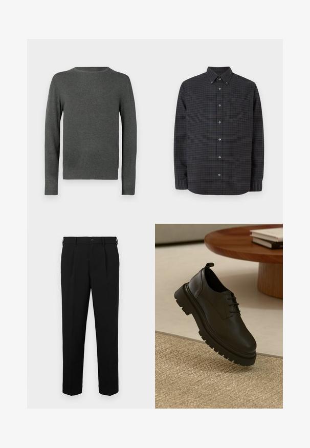 Pull-over à col rond, à manches longues, gris foncé, avec des poignets et un ourlet côtelés, présenté sur un fond blanc.; Chemise noire à boutons avec un motifcheck en vert foncé et violet. Dotée d'une poche poitrine et d'un col rond. Fabriquée en tissu tissé.; Pantalon noir à coupe droite, avec fermeture à bouton, passants de ceinture, plis latéraux et texture lisse. Pas de poches visibles.; Chaussure en cuir noir avec une surface texturée, bout rond, design à lacets et semelle en caoutchouc noir épaisse. Flottant au-dessus d'un tapis tissé.