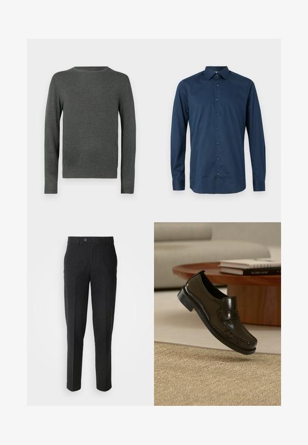 Dunkelgrauer Pullover mit Rundhalsausschnitt und langen Ärmeln, mit gerippten Bündchen und Saum, auf weißem Hintergrund präsentiert.; Dunkelblaues Langarm-Hemd mit Knöpfen aus glattem Stoff. Es hat einen klassischen Kragen, eine Vorderleiste mit passenden Knöpfen und geknöpfte Ärmel.; Lindbergh Stoffhose - black melange; Schwarzer Leder-Slipper, der über einem beigen gewebten Teppich mit einem hölzernen Couchtisch und Büchern im Hintergrund schwebt.