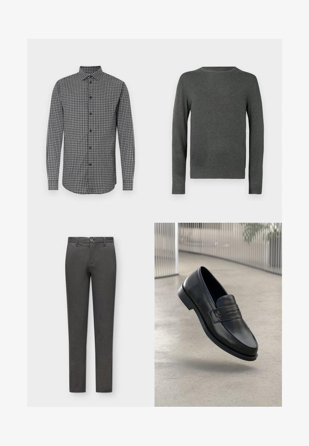 Pull-over à col rond, à manches longues, gris foncé, avec des poignets et un ourlet côtelés, présenté sur un fond blanc.; Chemise à manches longues à carreaux noirs et blancs avec un col boutonné, offrant une coupe régulière et une fermeture à boutons sur le devant. Tissu texturé.; Pantalon slim gris foncé avec passants pour ceinture, fermeture par bouton et devant propre, présenté sur un fond clair uni.; Mocassin en cuir noir à texture lisse, bout pointu et bande décorative sur le cou-de-pied. Semelle légère, design minimaliste.