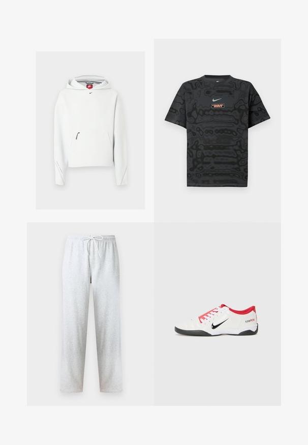 Witte Nike hoodie met voorzak met rits, klein zwart Nike-logo op de borst en een capuchon, getoond op een effen lichte achtergrond.; Zwart T-shirt met een gestructureerd patroon, met een klein Nike-logo in lichtblauw en een rechthoekige logopatch in contrasterende kleuren.; Grijze joggingbroek van zachte stof, met een elastische tailleband en een trekkoord, en rechte pijpen. Geen patronen of accenten zichtbaar.; Witte sportieve schoen met rode accenten, zwart Swoosh-logo en gestructureerd ontwerp. Bevat witte veters en een zwarte buitenzool. Tekst leest "total90."