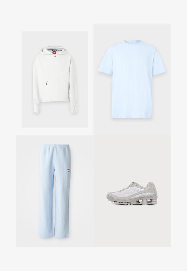 Hvid Nike-hoodie med lynlåslomme foran, lille sort Nike-logo på brystet og hætte, vist på en ensfarvet lys baggrund.; Lyseblå bomuld T-shirt med korte ærmer, rund halsudskæring og et subtilt hvidt logo på øverste venstre bryst. Glat tekstur.; Lysblå joggebukser med elastisk talje, prydet med et lille rødt Nike-logo og teksten "Athletic Department". Blødt bomuldsstof.; Grå og hvid atletiksko med synlig luftpolstret sål og mesh-paneler, vist i profil på en ensartet lys baggrund.