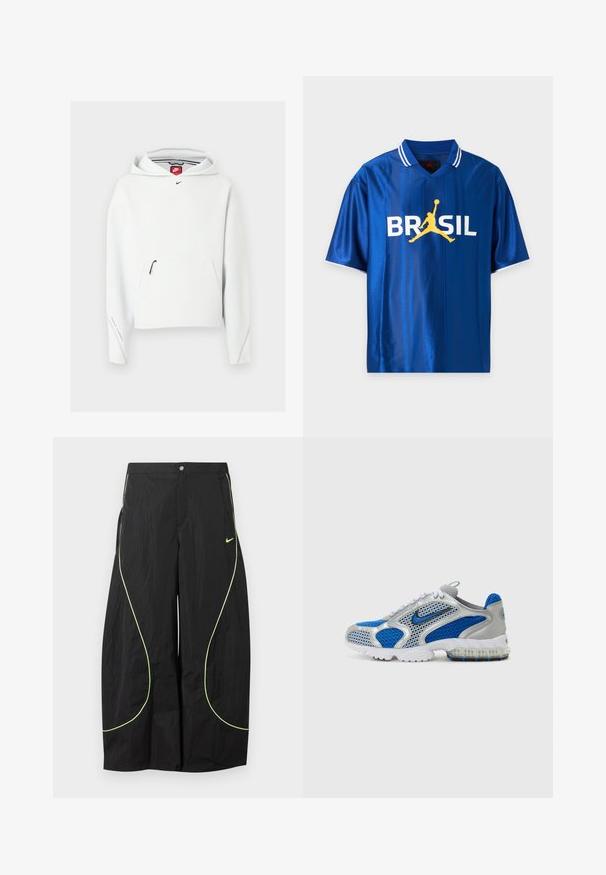 Biela mikina Nike s kapucňou, predným vreckom na zips, čiernym malým logom Nike na hrudi, zobrazená na jednoduchom svetlom pozadí.; Modré športové tričko s krátkym rukávom, bielymi pruhmi na golieri a nápisom BRASIL v bielej farbe so žltým obrysom basketbalistu v strede.; Čierne nohavice Nike s širokými nohavicami, neónovo zeleným zakriveným lemovaním a malým logom Nike Swoosh na pravej stehne, zapínanie na gombík a zips v páse.; Modré a strieborné športové topánky s priedušnými panelmi, polstrovaným golierom a priehľadnou podrážkou s modrými akcentmi. Kontrastné šnúrky dotvárajú dizajn.