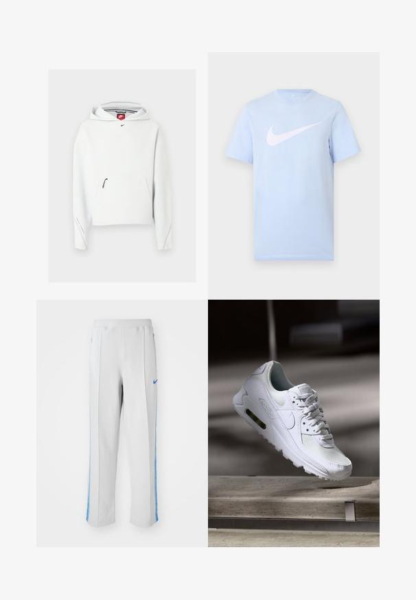 Valkoinen Nike-huppari, jossa etutasku vetoketjulla, musta pieni Nike-logo rinnassa ja huppu, esillä yksinkertaisella vaalealla taustalla.; Vaaleansininen lyhythihainen T-paita, jossa suuri valkoinen Nike-swoosh-logo keskellä etupuolta, yksivärisellä taustalla.; Vaaleanharmaat urheiluhousut, joissa on siniset sivujuovat. Rento malli, elastinen vyötärö ja vetoketjulliset taskut. Nike-logo edessä.; Valkoiset Nike Air Max 90 -lenkkarit, joissa on verkko- ja nahkapinta, rei'itetty kärki ja näkyvä ilmayksikkö kantapäässä.