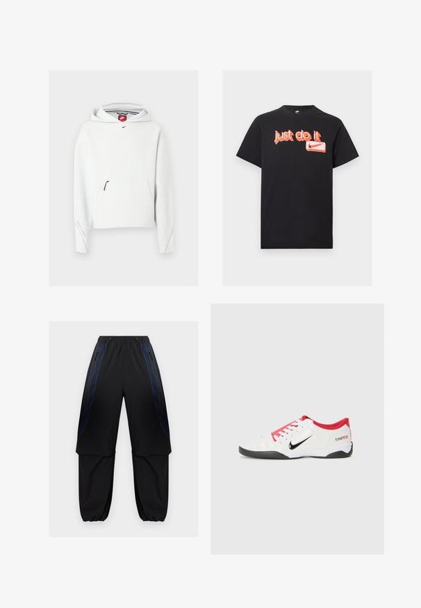 Weißer Nike-Hoodie mit Reißverschlusstasche vorne, kleinem schwarzem Nike-Logo auf der Brust und Kapuze, auf einem einfarbigen hellen Hintergrund dargestellt.; Schwarzes kurzärmeliges Nike T-Shirt mit orangefarbenem Graffiti-Schriftzug "Just do it" und Nike-Swoosh-Logo auf der Vorderseite.; Schwarze und dunkelblaue Cargo-Hosen mit elastischem Bund und Bündchen, ausgestattet mit seitlichen Reißverschlusstaschen und überlappenden Stoffpaneelen an den Oberschenkeln.; Weißer Sportschuh mit roten Akzenten, schwarzem Swoosh-Logo und strukturiertem Design. Mit weißen Schnürsenkeln und schwarzem Außensohle. Text lautet "total90."
