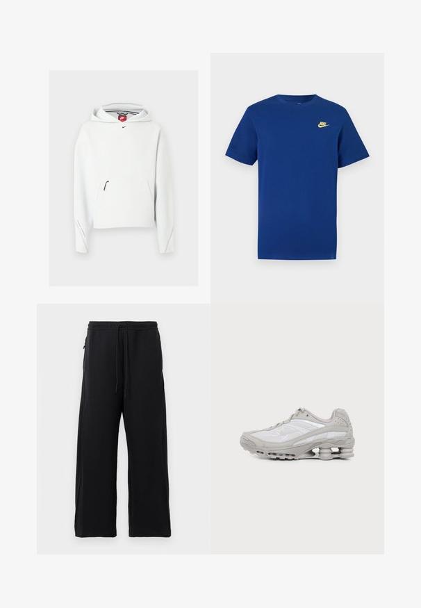Sudadera blanca de Nike con bolsillo frontal con cremallera, pequeño logo negro de Nike en el pecho y capucha, mostrada sobre un fondo claro y liso.; Camiseta azul marino de manga corta con un pequeño logotipo amarillo de Nike en el pecho izquierdo y cuello redondo.; Pantalones de chándal negros hechos de una tela suave, con cintura elástica ajustable, diseño de pierna ancha y bolsillos laterales con una textura lisa.; Zapatilla deportiva gris y blanca con suela visible de amortiguación de aire y paneles de malla, mostrada de perfil sobre un fondo claro y sencillo.