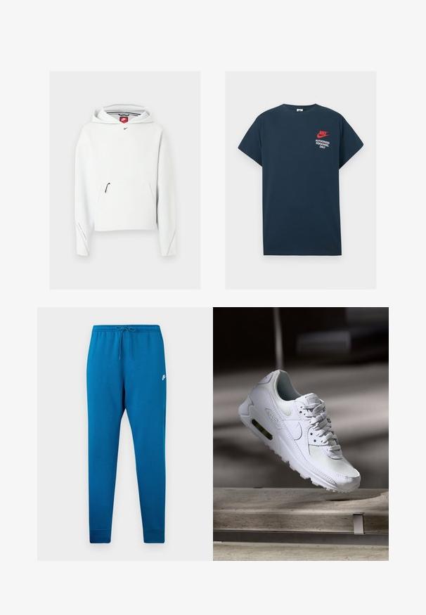 Sudadera blanca de Nike con bolsillo frontal con cremallera, pequeño logo negro de Nike en el pecho y capucha, mostrada sobre un fondo claro y liso.; Camiseta de algodón azul marino con mangas cortas. Presenta un logo rojo de Nike y el texto blanco "PERSONAL AUTORIZADO SOLAMENTE" en el lado izquierdo del pecho.; Pantalones deportivos azul con cintura elástica y cordón ajustable. Presenta un logo blanco en el muslo y puños ajustados en los tobillos.; Zapatilla Nike Air Max 90 blanca con parte superior de malla y cuero, caja de puntera perforada y unidad de aire visible en el talón.
